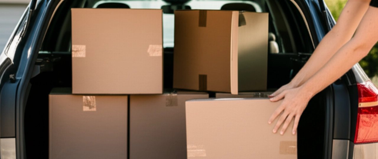 Cartons de déménagement économiques soigneusement chargés dans le coffre d'une voiture, prêts pour le transport.