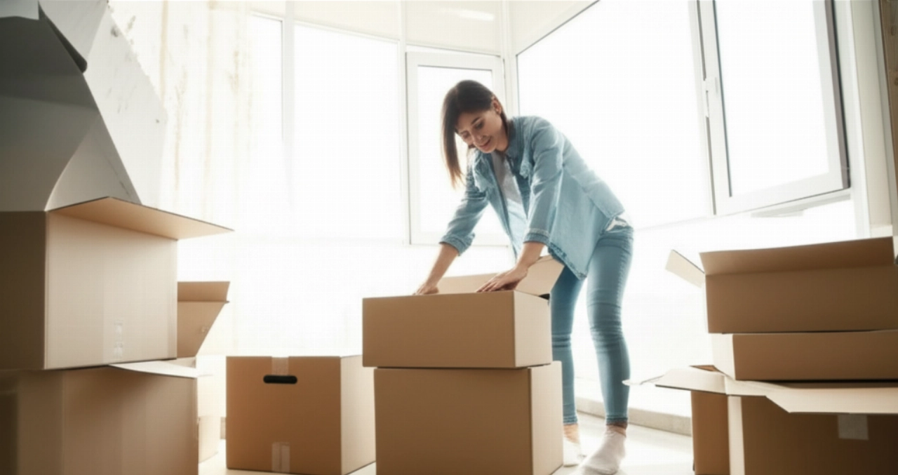 Femme caucasienne souriante dans un salon lumineux, entourée de cartons de déménagement neufs et vides, prête à emballer.