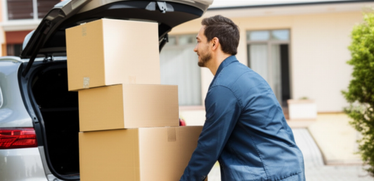 Homme caucasien déchargeant de grandes piles de cartons de déménagement neufs et plats du coffre d'une voiture dans une allée ensoleillée.