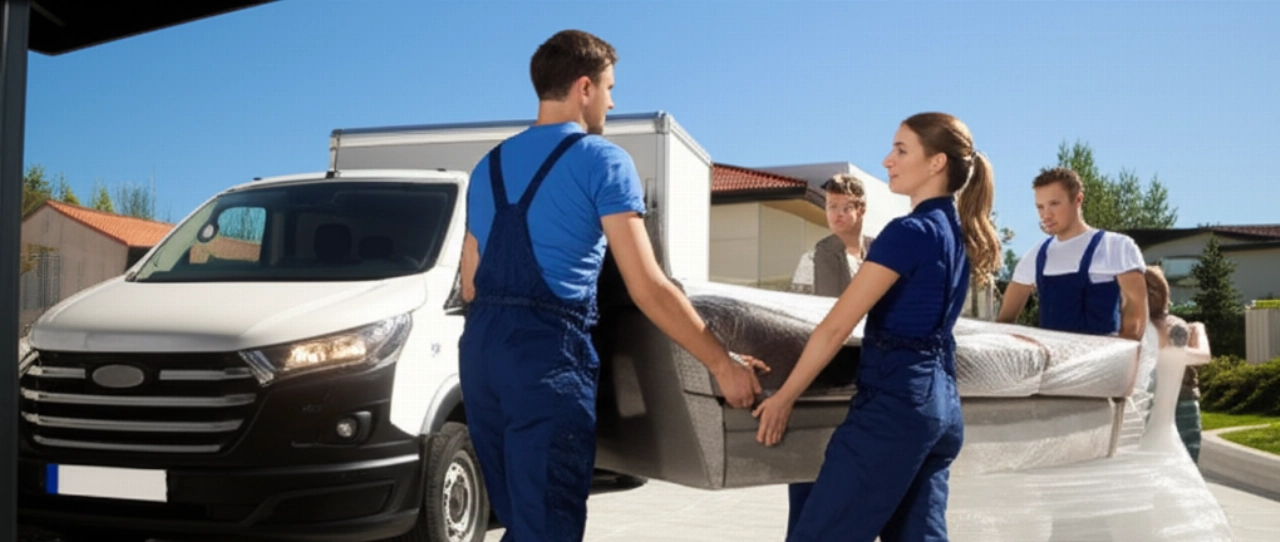 Deux déménageurs caucasiens, un homme et une femme, transportent habilement un grand canapé d'une maison moderne vers un camion de déménagement.