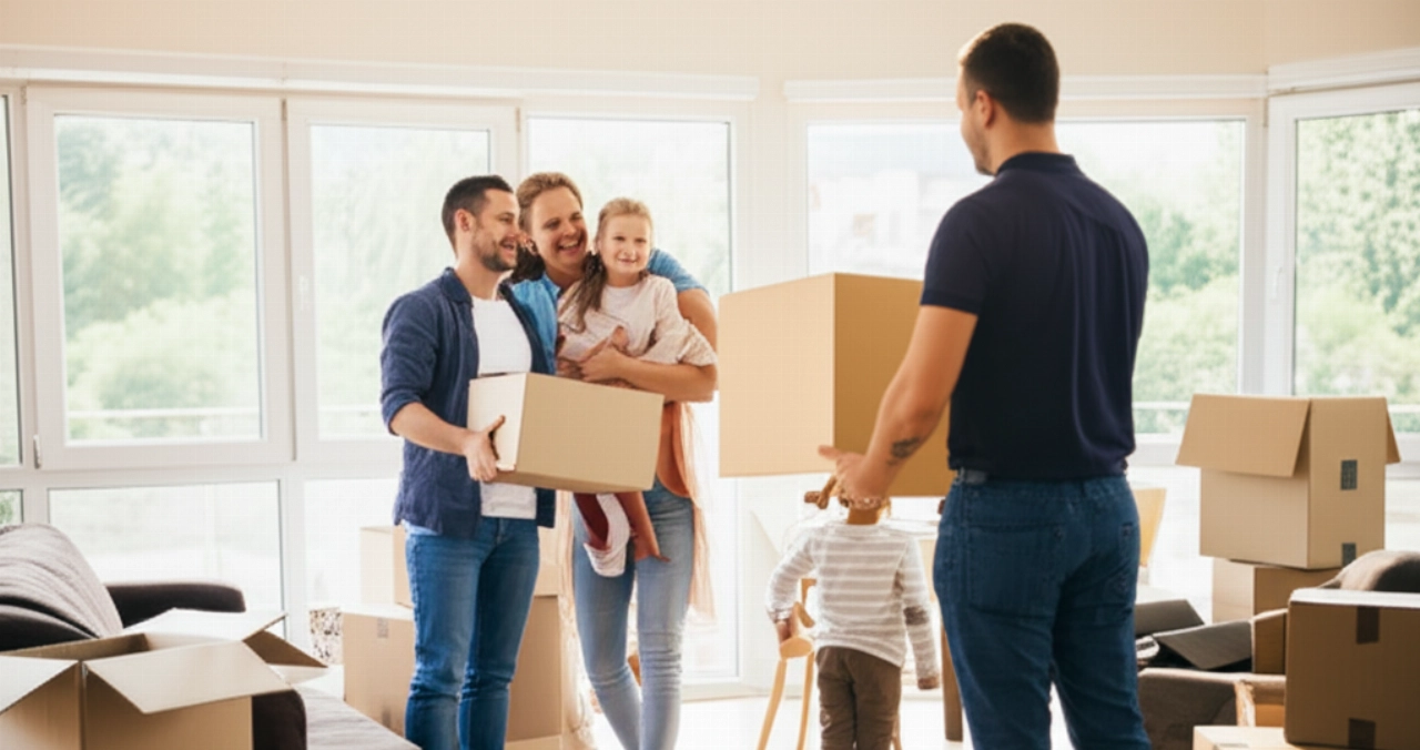Une famille caucasienne heureuse et un déménageur souriant dans un nouveau salon ensoleillé, avec des cartons partiellement déballés, symbolisant un déménagement terminé.