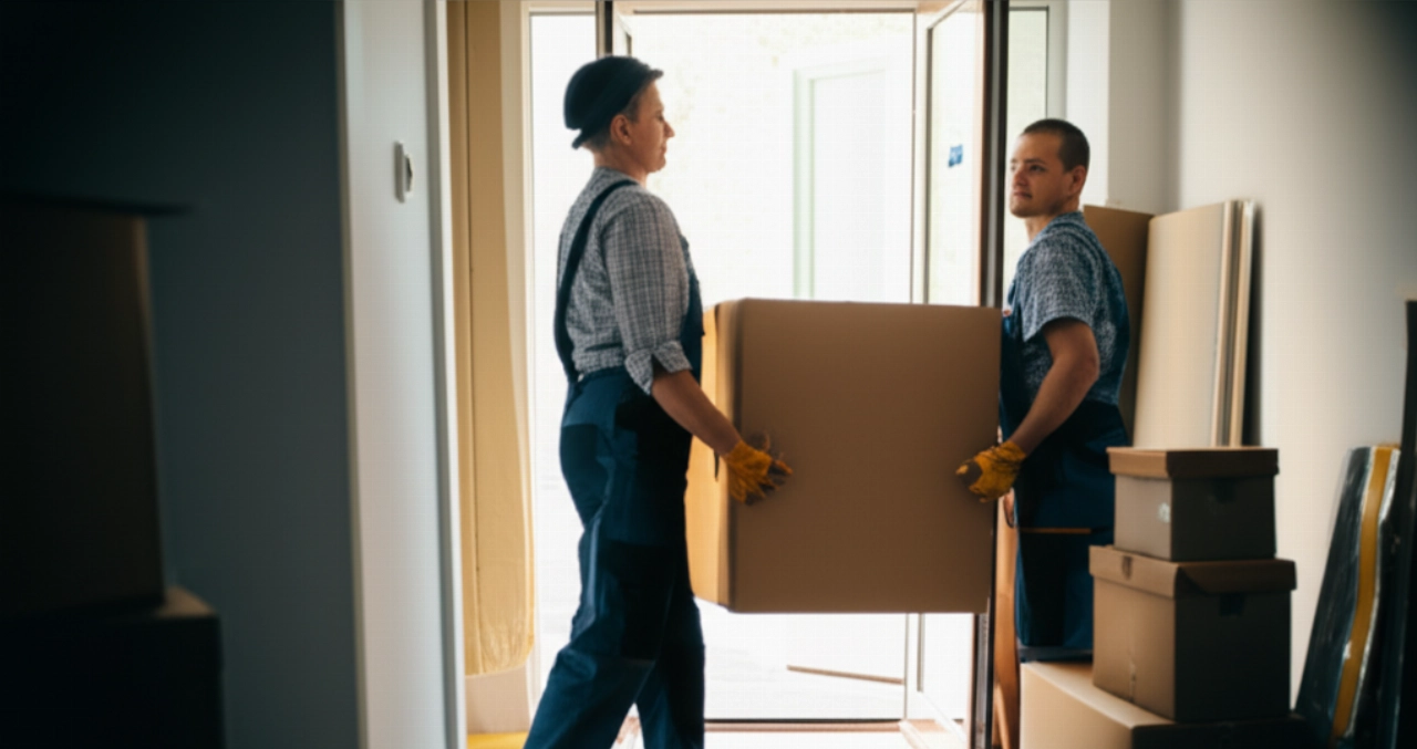 Deux opérateurs caucasiens débarrassant une maison, transportant soigneusement des cartons vides.