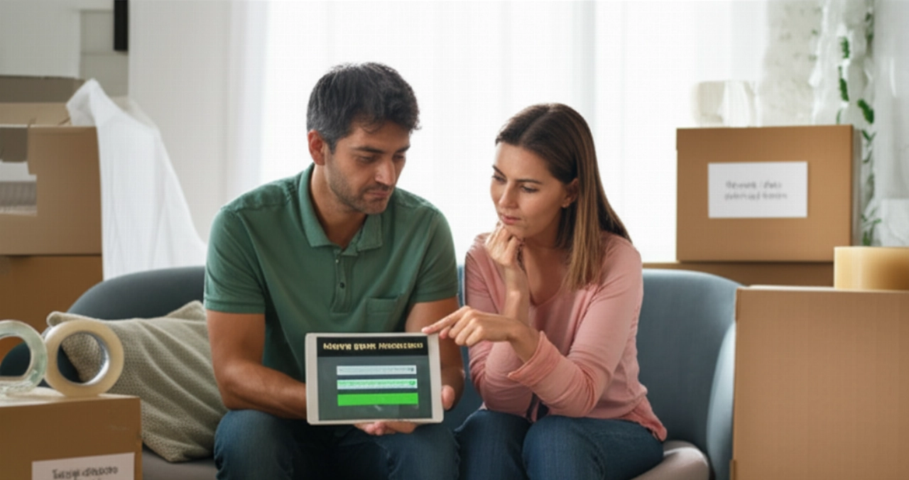 Un couple caucasien planifie son déménagement en consultant une simulation de devis sur une tablette, entouré de cartons.