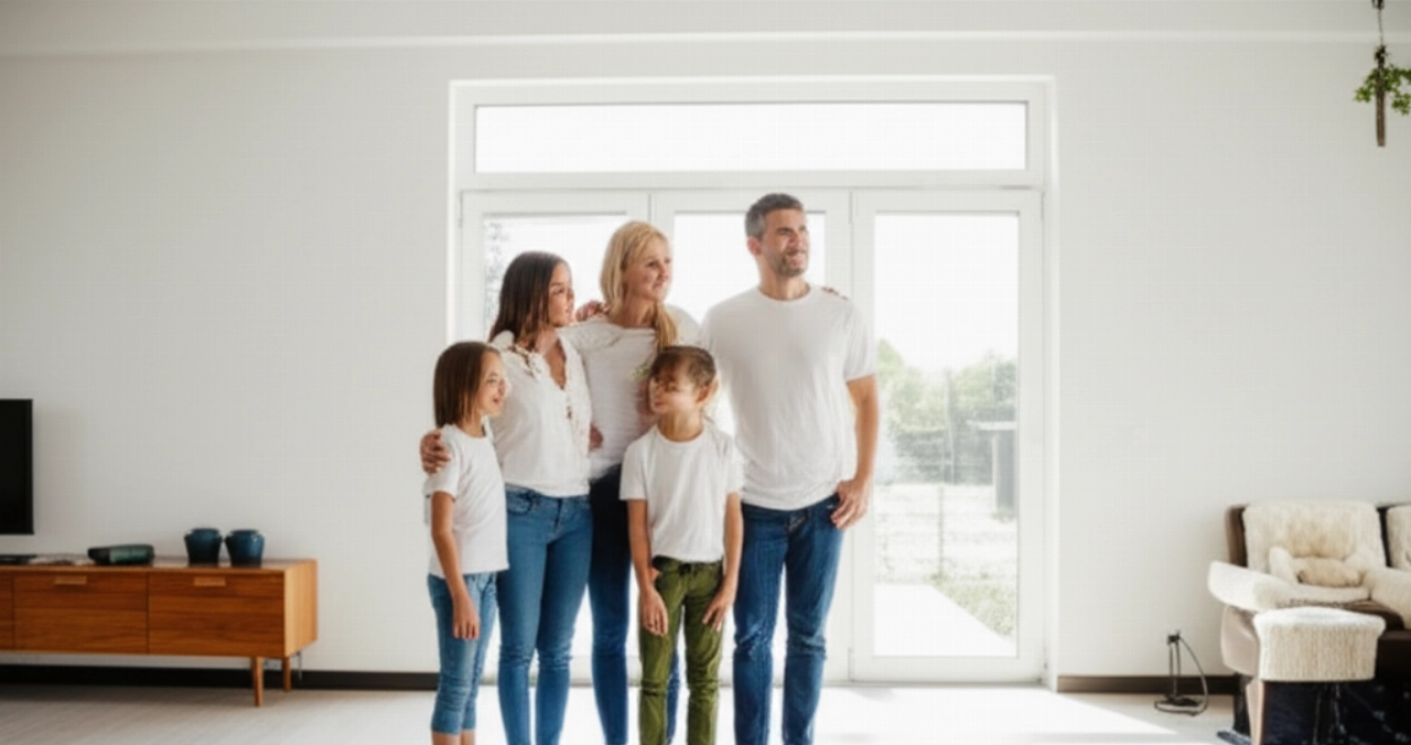 Une famille caucasienne heureuse et détendue dans un nouveau salon spacieux, symbole d'un déménagement réussi.