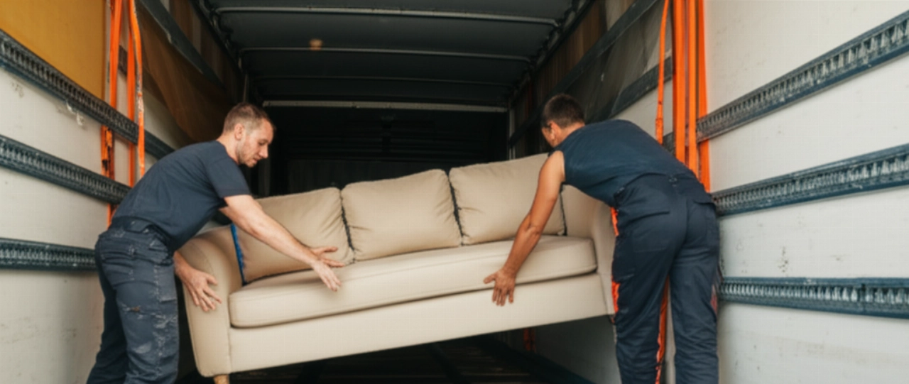 Grand canapé sectionnel beige soigneusement chargé sur un camion de déménagement par deux déménageurs caucasiens robustes.
