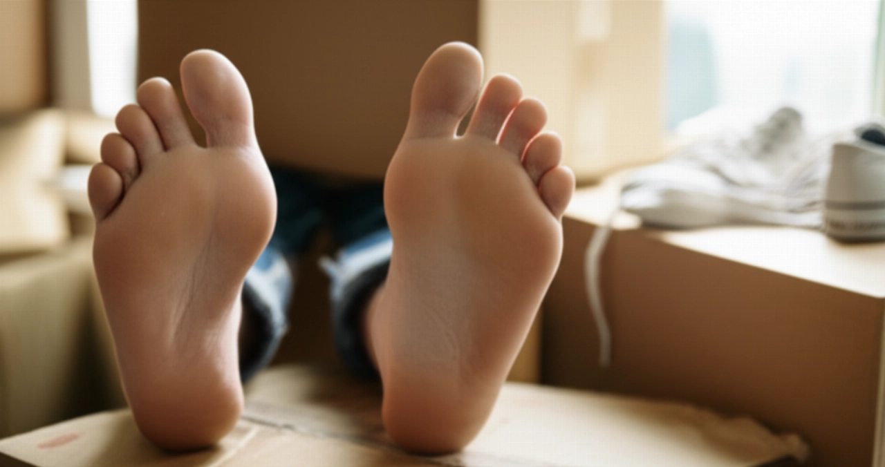 Gros plan sur des pieds fatigués et poussiéreux reposant sur des cartons de déménagement, symbole de la fatigue physique post-déménagement.