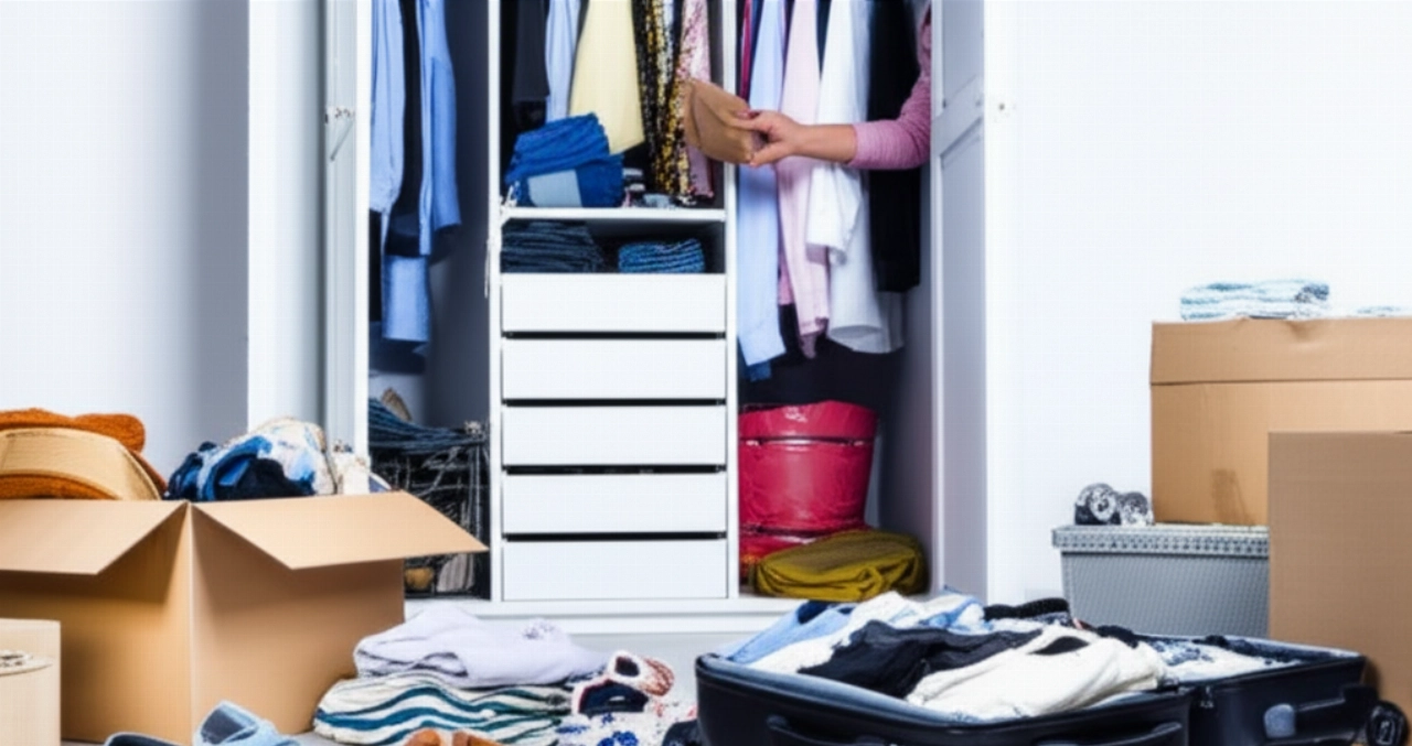 Scène de déménagement avec des vêtements pliés dans des cartons et une armoire presque vide.
