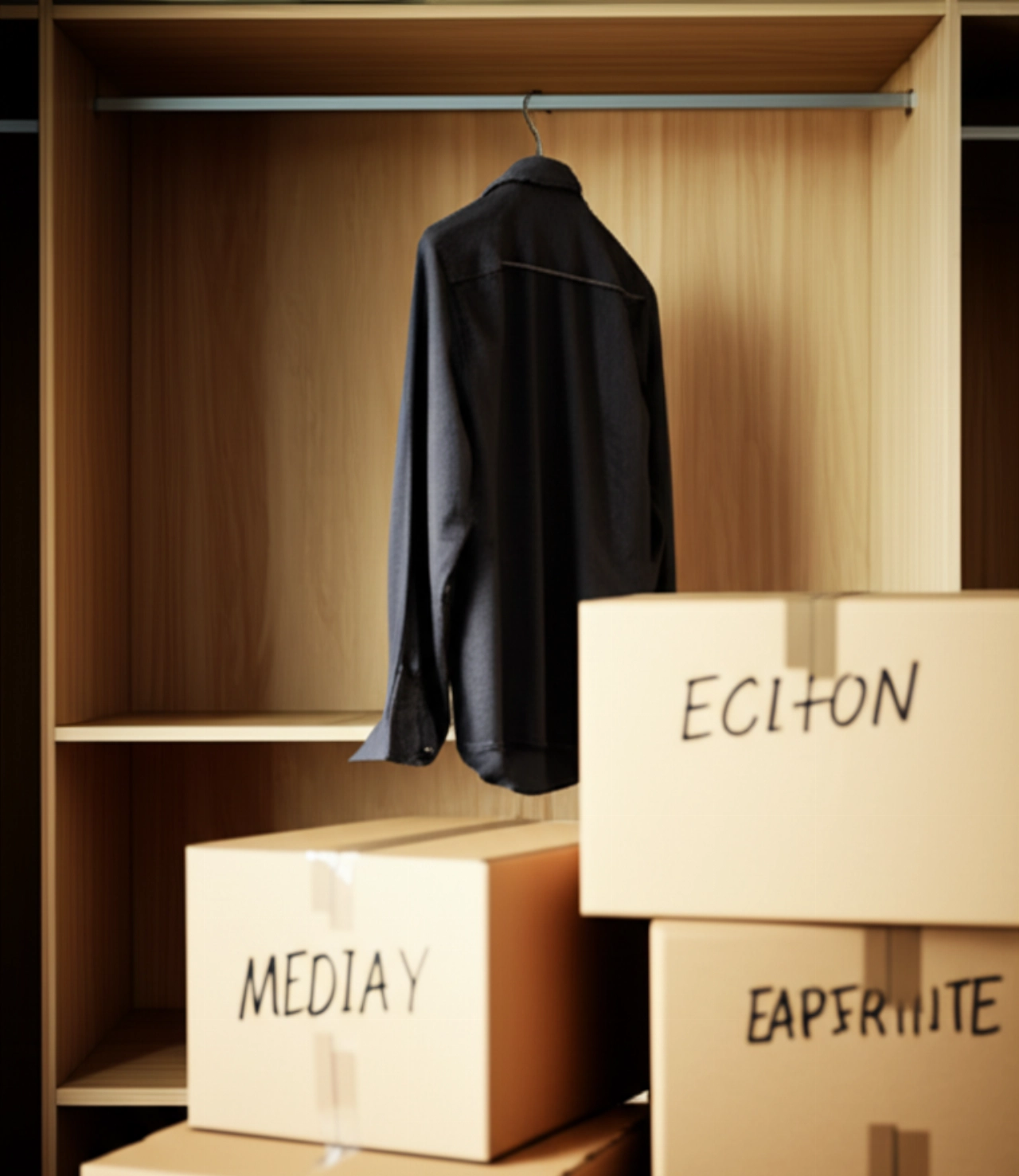 Armoire presque vide avec des cartons de déménagement empilés, symbolisant une opération terminée.