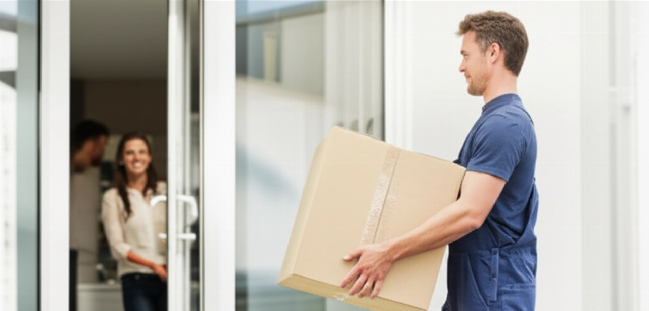 Déménageur professionnel caucasien transportant un carton dans une maison moderne, symbolisant l'efficacité.