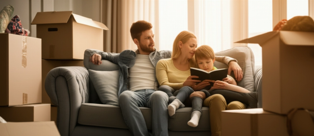 Famille caucasienne détendue dans leur nouveau salon après un déménagement, avec des cartons rangés.