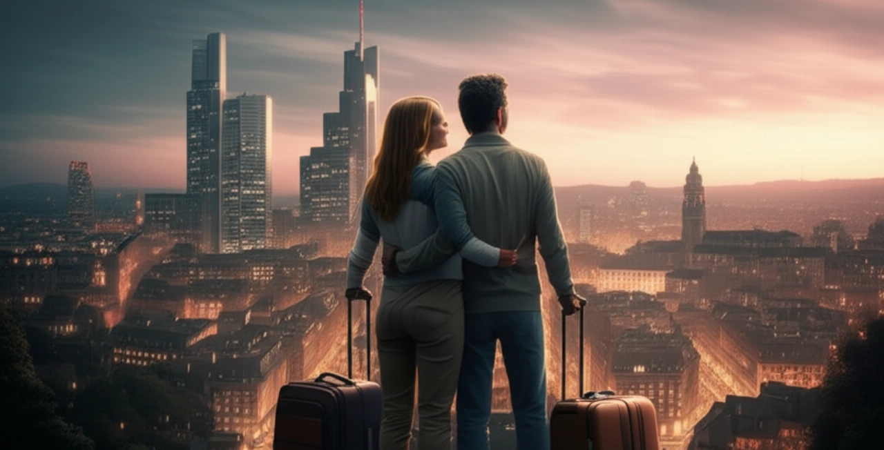 Couple caucasien sur un point de vue panoramique, admirant le skyline d'une ville européenne au coucher du soleil, avec des bagages légers à côté, symbolisant un nouveau départ à l'étranger.