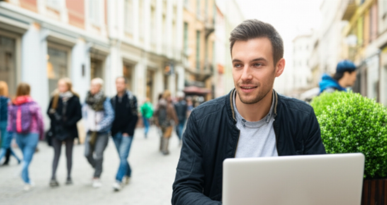 Homme caucasien assis à une table de café en plein air dans une rue européenne animée, souriant en regardant son ordinateur portable, évoquant l'intégration et la vie à l'étranger.