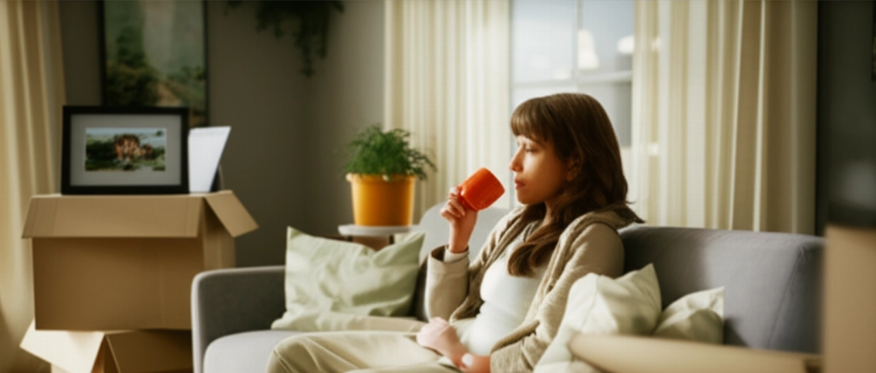 Une femme caucasienne détendue sirote un café sur un canapé confortable dans son nouveau salon, avec des cartons soigneusement déballés en arrière-plan.