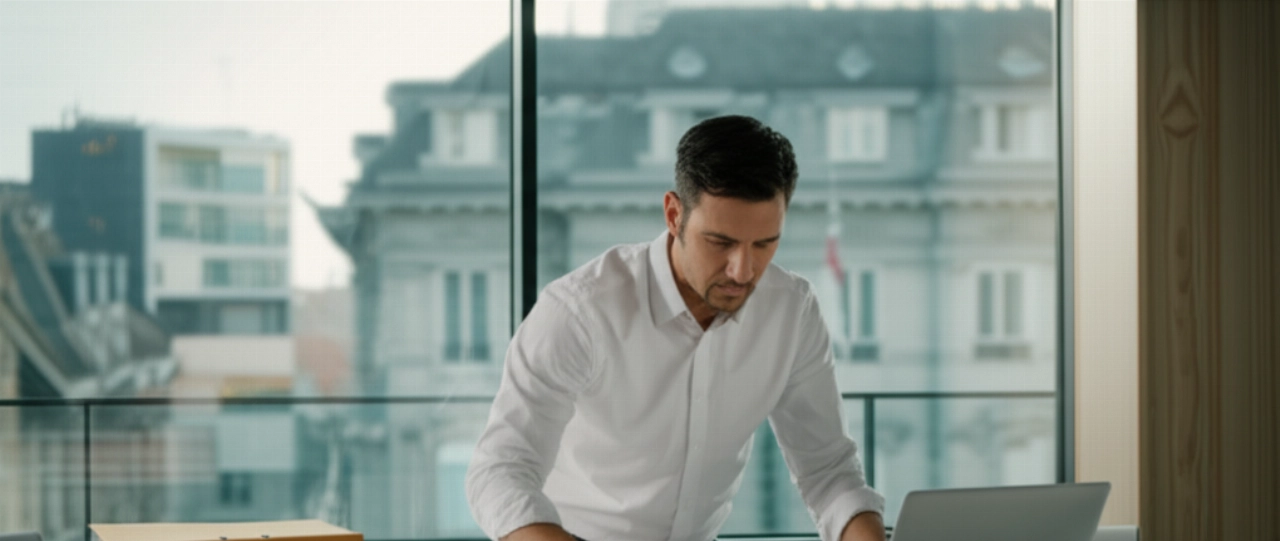 Professionnel caucasien concentré sur des documents et un ordinateur portable, dans un environnement qui évoque l'efficacité suisse.
