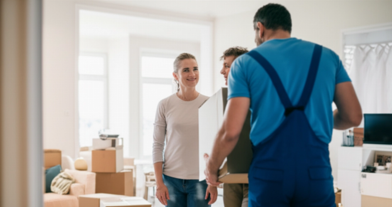 Un couple caucasien heureux regarde un déménageur professionnel déposer la dernière boîte dans leur nouvelle maison partiellement aménagée.