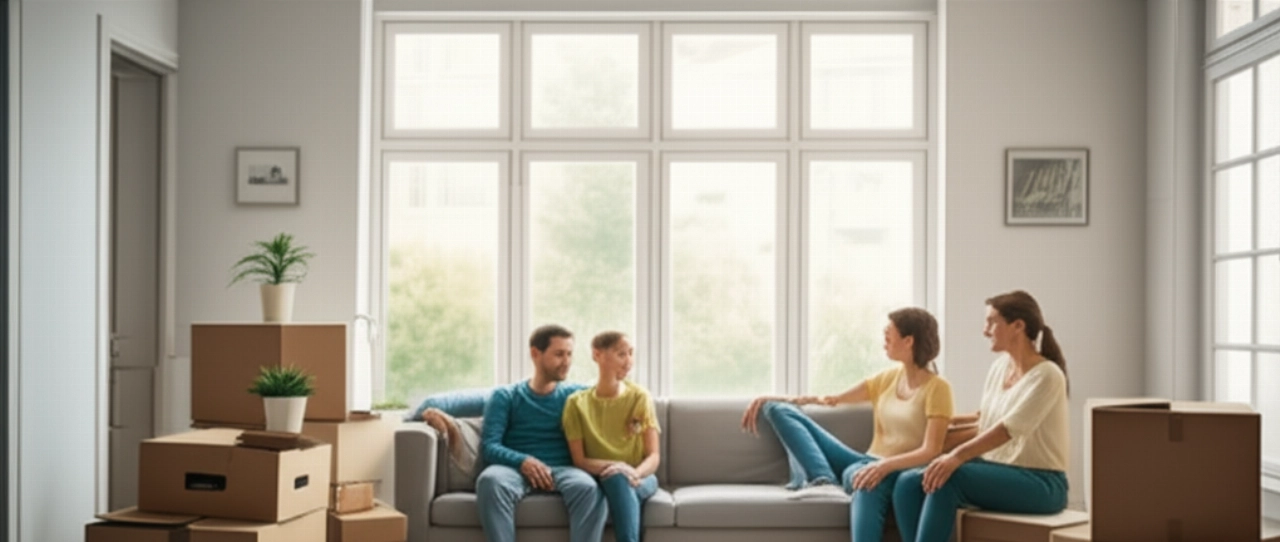 Famille caucasienne se relaxant sereinement dans le nouveau salon, avec des cartons de déménagement bien rangés en arrière-plan, suggérant un transfert facile et économique.