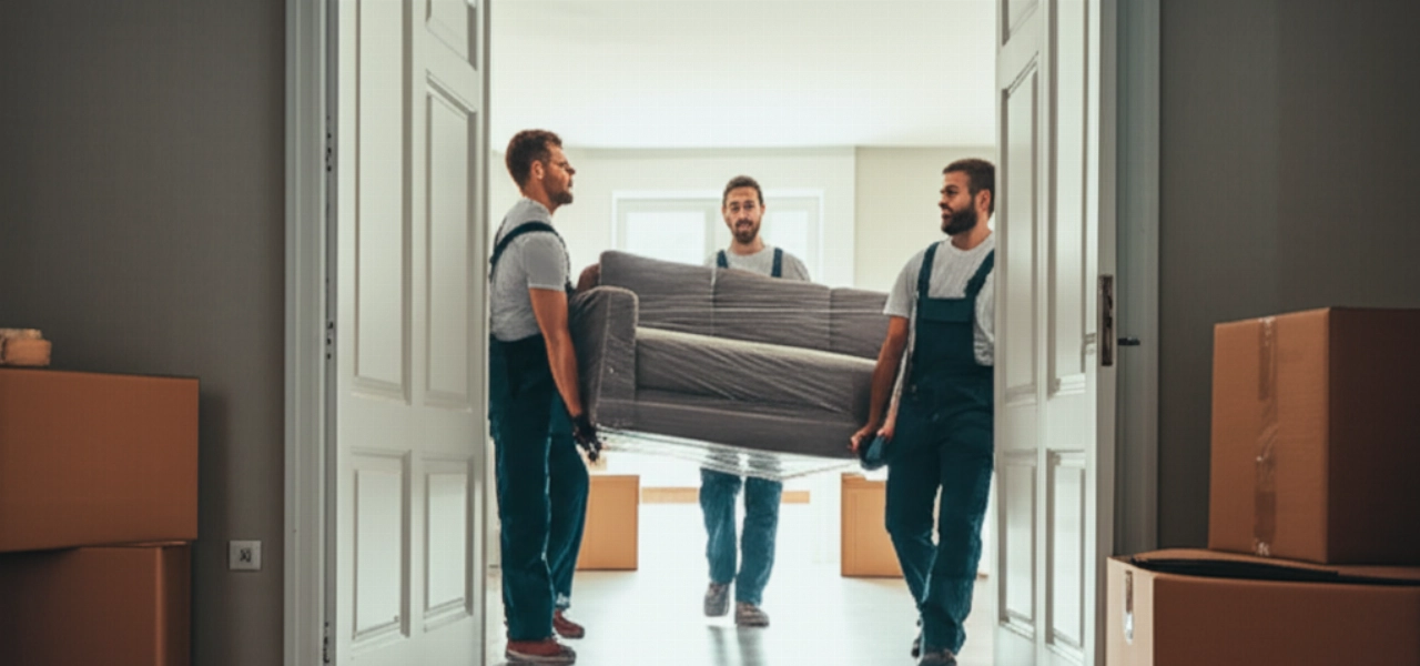 Trois déménageurs caucasiens professionnels transportent avec précaution un grand meuble à travers une porte d'appartement.
