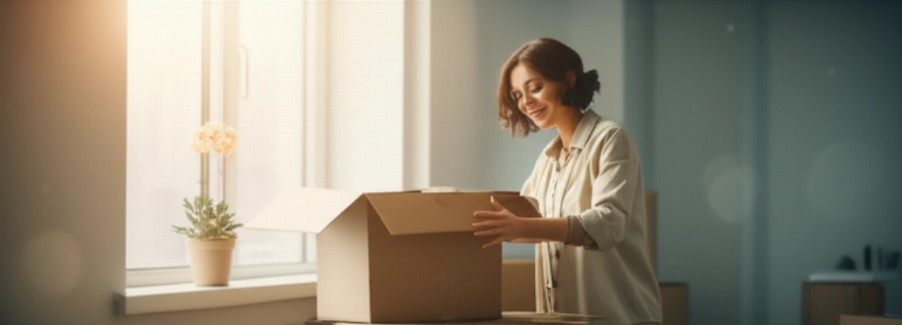 Une femme caucasienne déballe des cartons dans un nouvel appartement lumineux et minimaliste, symbolisant un nouveau départ.