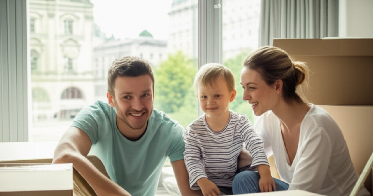 Une famille caucasienne souriante dans leur nouvelle maison en Autriche, entourée de cartons, avec une vue sur une ville autrichienne depuis la fenêtre.