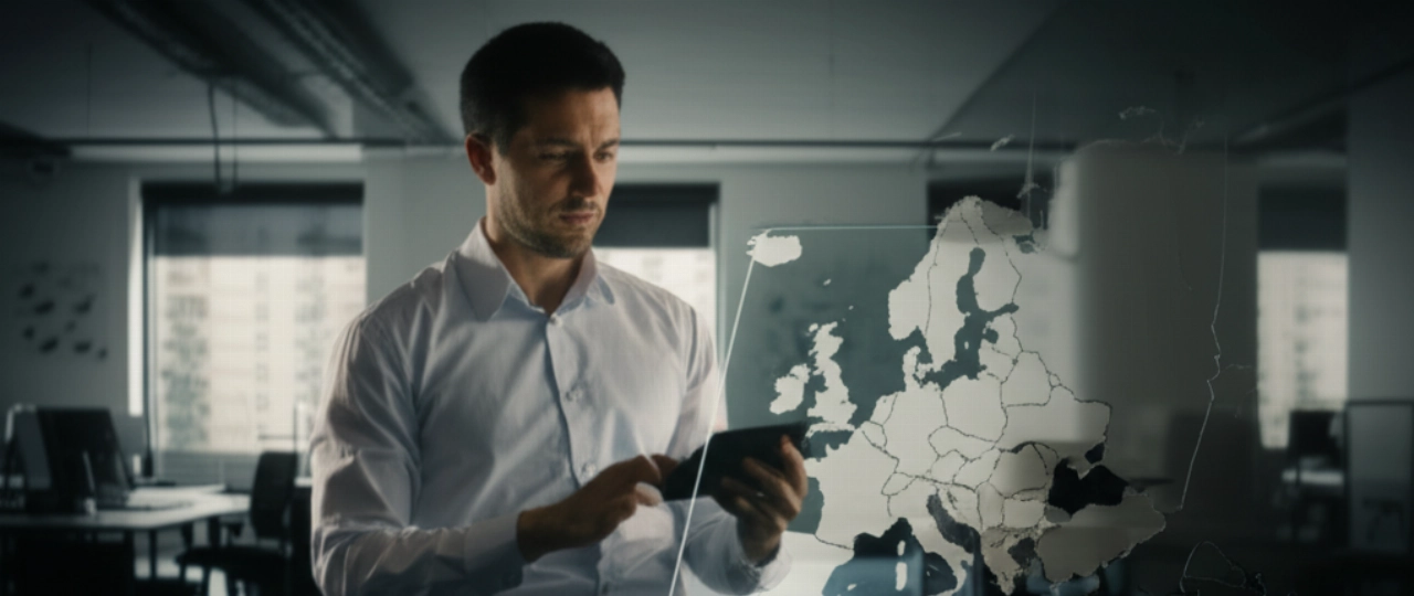 Un expert en logistique caucasien examine une carte numérique de l'Europe avec l'Autriche mise en évidence, dans un bureau moderne.