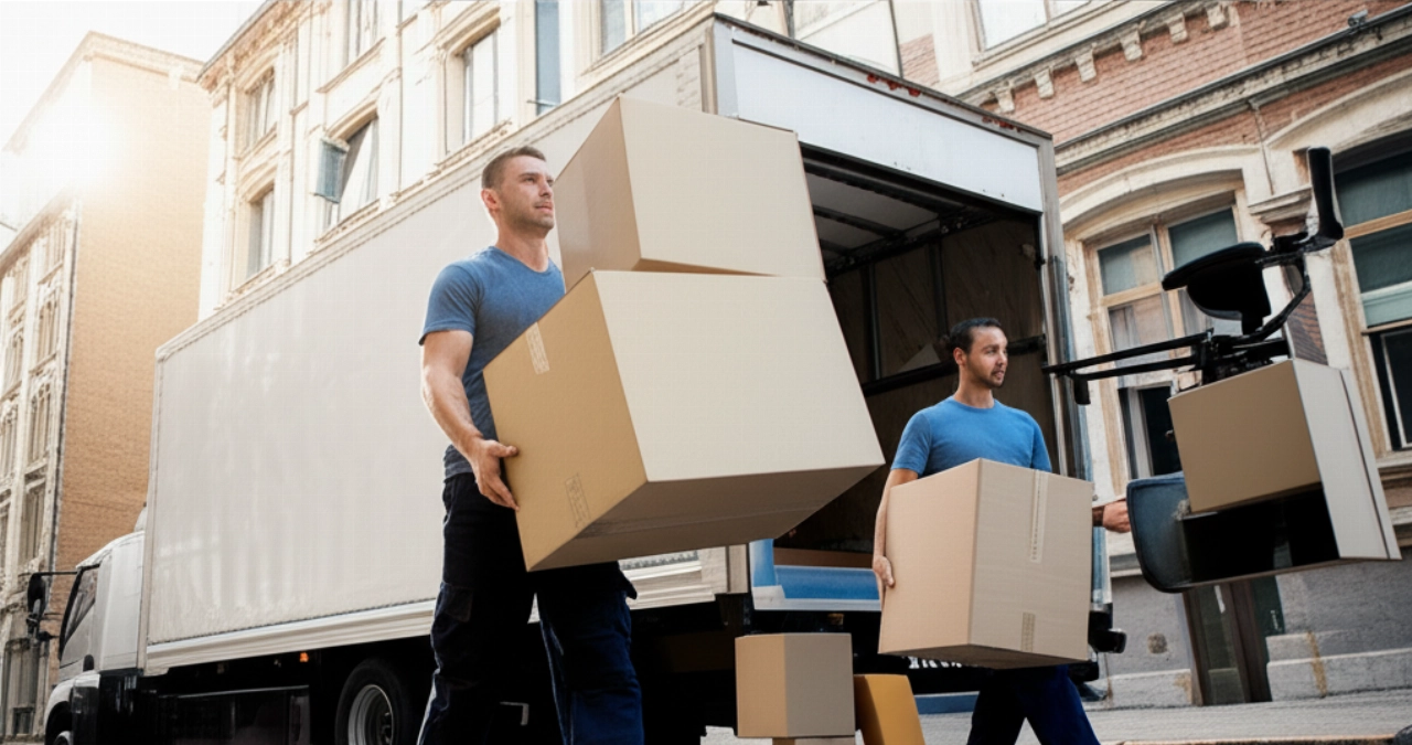 Image hyperréaliste de déménageurs professionnels caucasiens transportant efficacement des cartons et des meubles hors d'un immeuble de bureaux, soulignant un déménagement d'entreprise sans heurts.