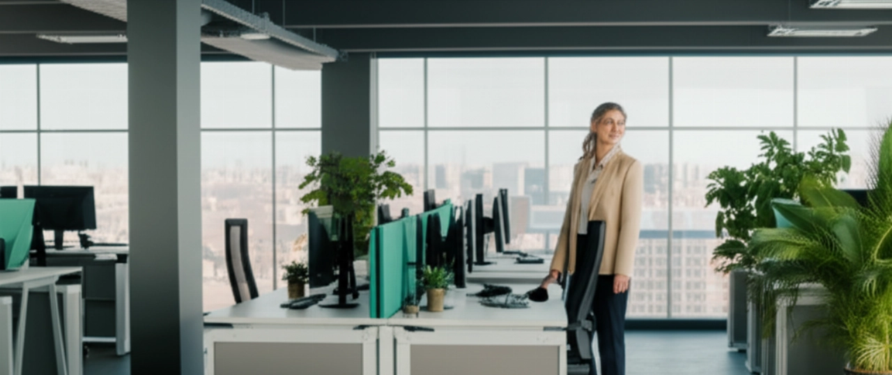 Image hyperréaliste d'un nouveau bureau d'entreprise moderne et lumineux, avec une employée caucasienne souriante, symbolisant un déménagement d'entreprise réussi et un nouveau départ.