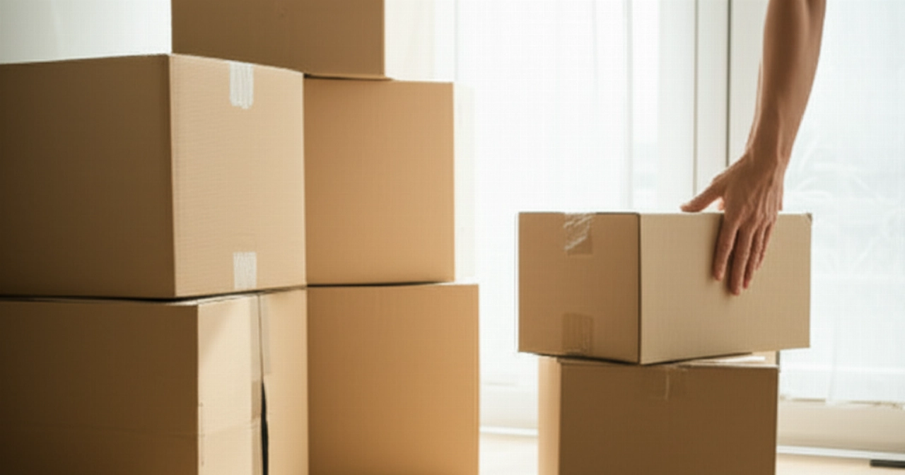 Cartons de déménagement parfaitement empilés et organisés dans une pièce lumineuse, avec une main caucasienne arrangeant le dernier objet, symbolisant l'efficacité et un déménagement à faible coût.