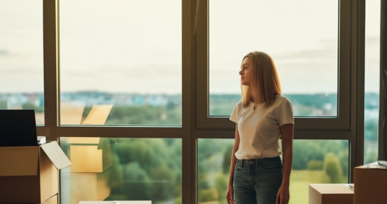 Femme caucasienne pensive regardant par une fenêtre dans un nouvel appartement, avec des cartons de déménagement en arrière-plan, évoquant la paix et de nouveaux départs après un déménagement à faible coût.