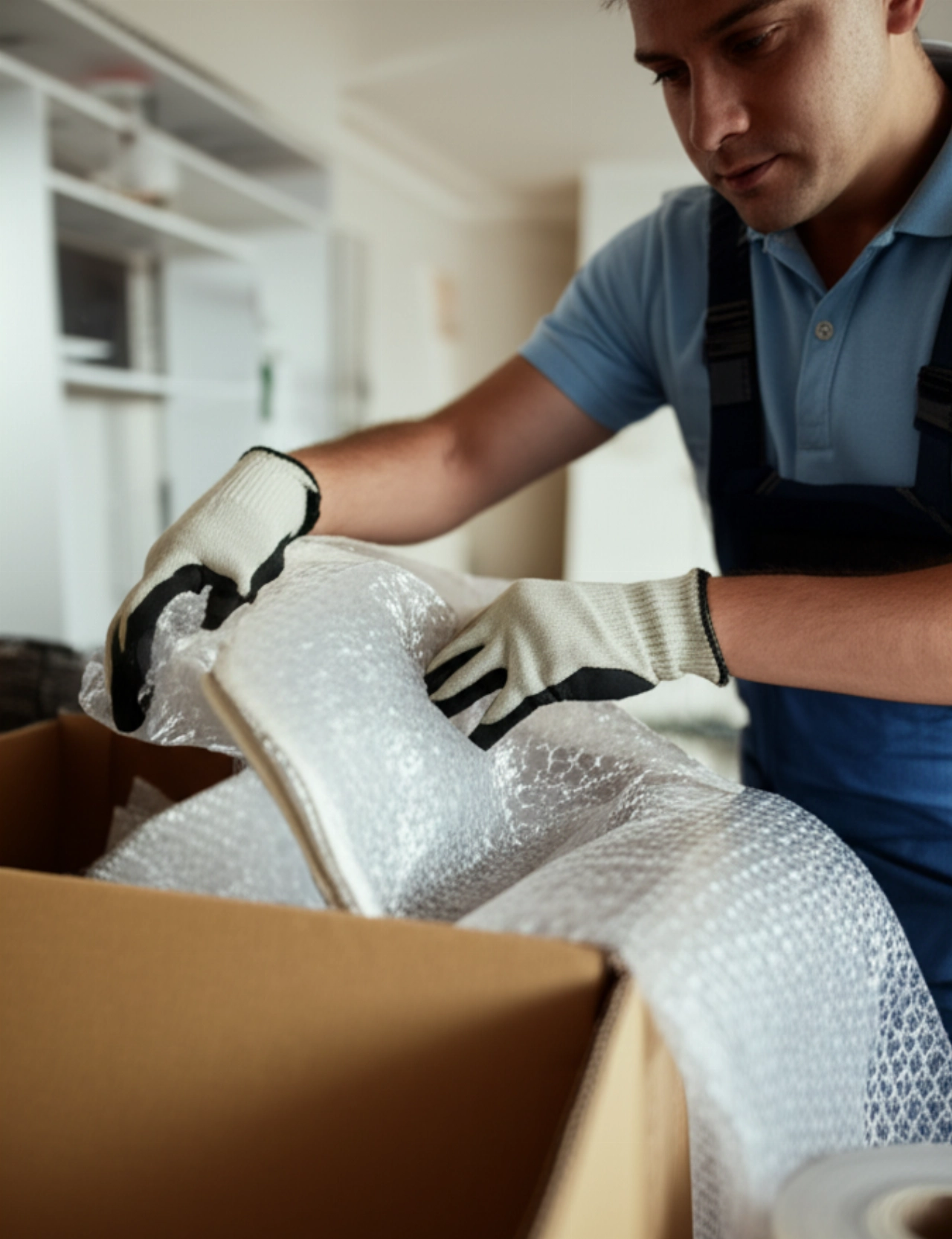 Déménageur professionnel caucasien enveloppe soigneusement un objet délicat dans un emballage protecteur, faisant preuve d'attention aux détails.