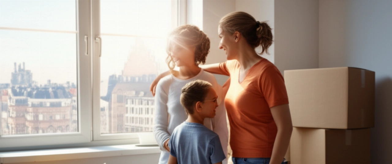 Heureuse famille caucasienne sourit dans leur nouvel appartement en Belgique, entourée de cartons de déménagement, avec vue sur une ville belge.