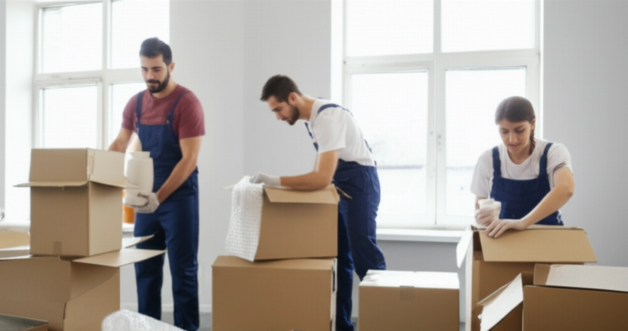 Deux déménageurs professionnels caucasiens emballant soigneusement des objets fragiles dans des cartons, faisant preuve d'attention aux détails et d'organisation.