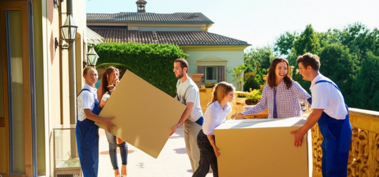 Une famille caucasienne souriante tandis que des déménageurs professionnels déchargent leurs affaires dans une magnifique villa italienne, symbolisant une arrivée sereine.