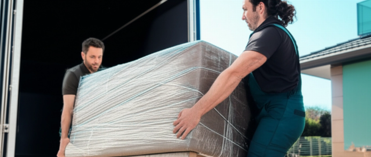Deux déménageurs caucasiens professionnels transportent avec soin un grand meuble emballé, faisant preuve d'efficacité et de précision lors d'un déménagement.