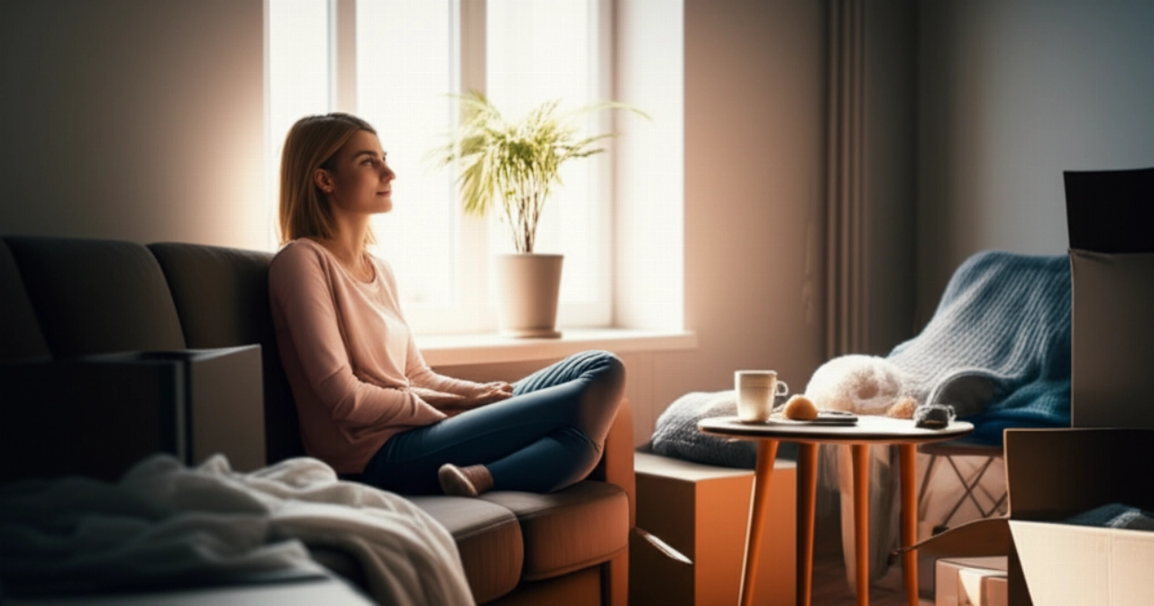 Une femme caucasienne se détend sur un canapé dans sa nouvelle maison, entourée de cartons partiellement ouverts, profitant d'un moment de paix après le déménagement.