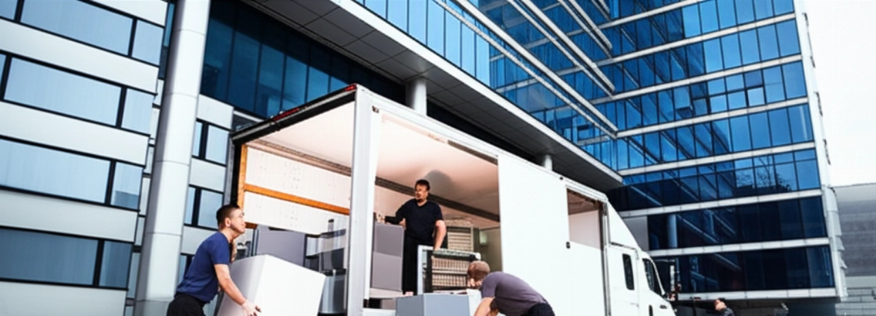 Grand camion de déménagement garé devant un bâtiment d'entreprise moderne, avec des déménageurs caucasiens chargeant des meubles, illustrant un déménagement d'entreprise professionnel et à grande échelle.