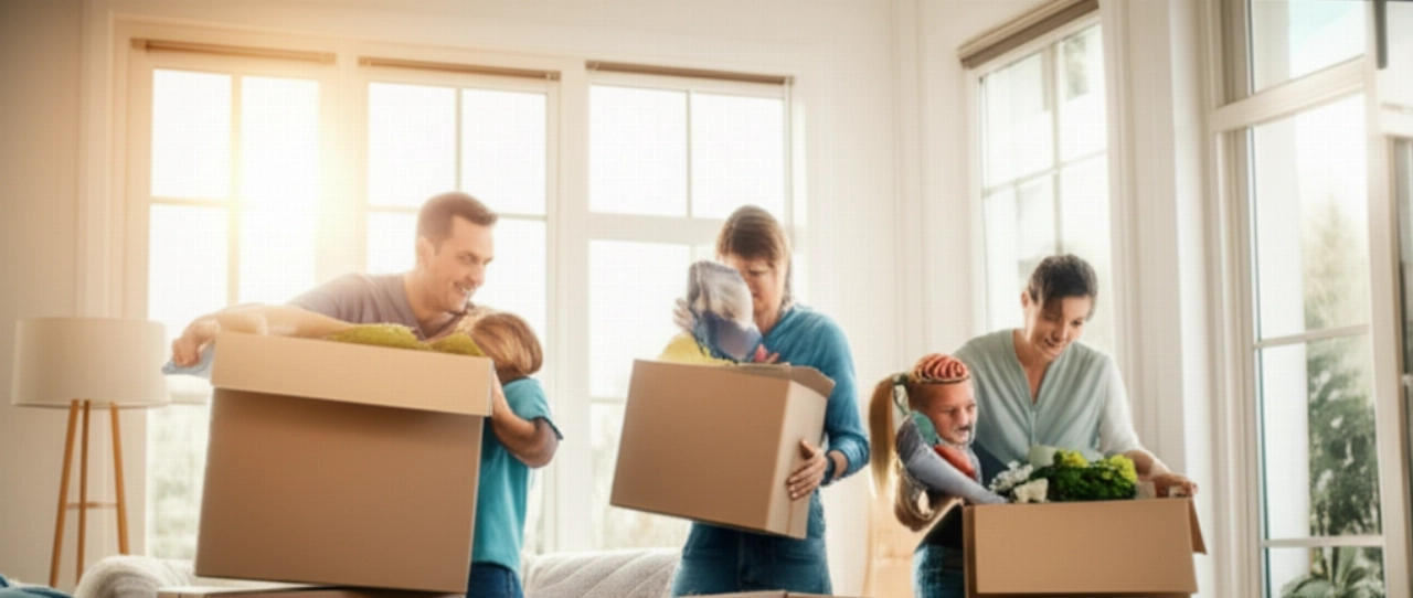 Heureuse famille caucasienne déballant des cartons dans leur nouvelle maison lumineuse, symbolisant un nouveau départ.