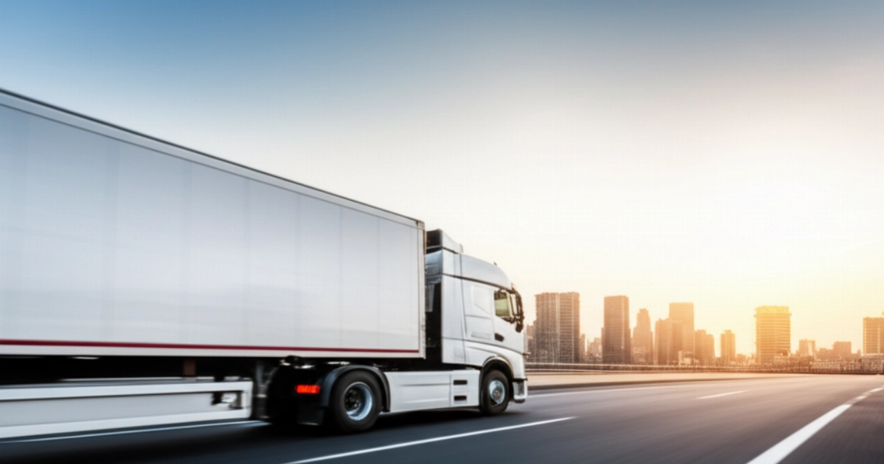 Un grand camion de déménagement blanc et moderne roule sur une autoroute ouverte au coucher du soleil, avec un horizon urbain en arrière-plan.