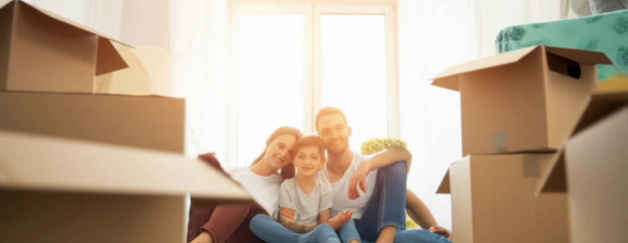 Une famille caucasienne heureuse et détendue dans leur nouvelle maison partiellement déballée, avec des cartons de déménagement ouverts et la lumière du soleil.
