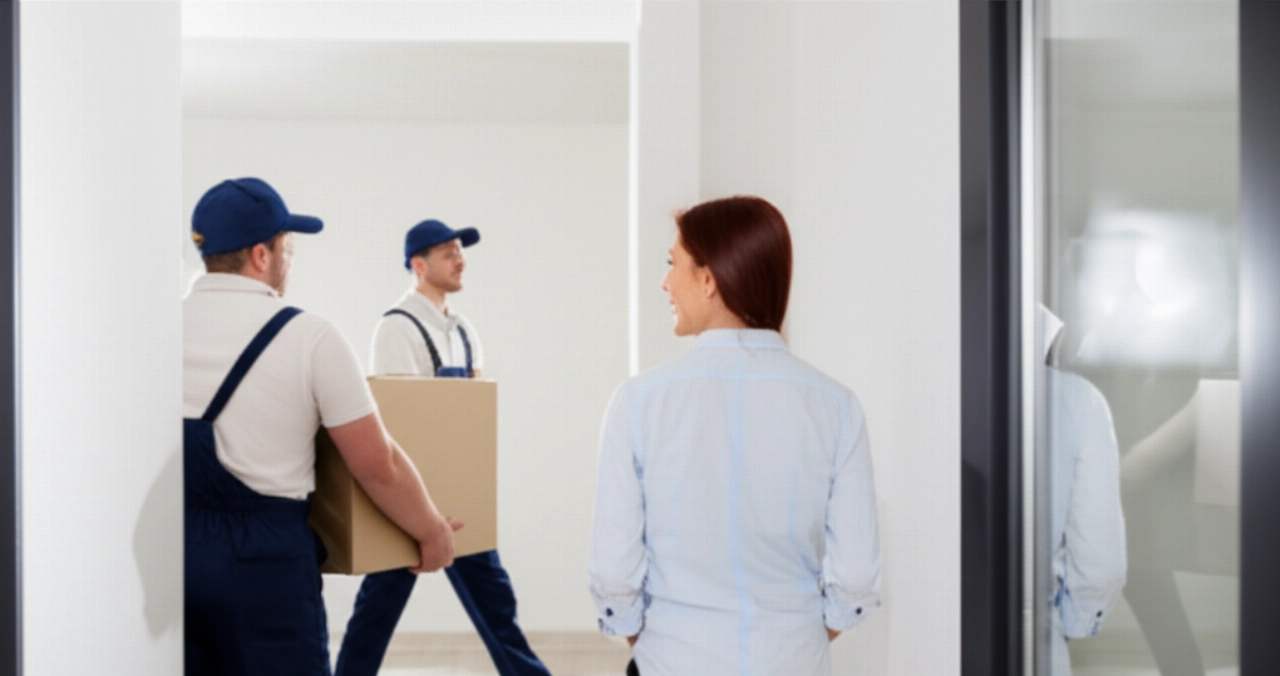 Deux déménageurs caucasiens professionnels transportant soigneusement une boîte, avec une cliente caucasienne satisfaite, soulignant l'efficacité et le soin dans les déménagements économiques.