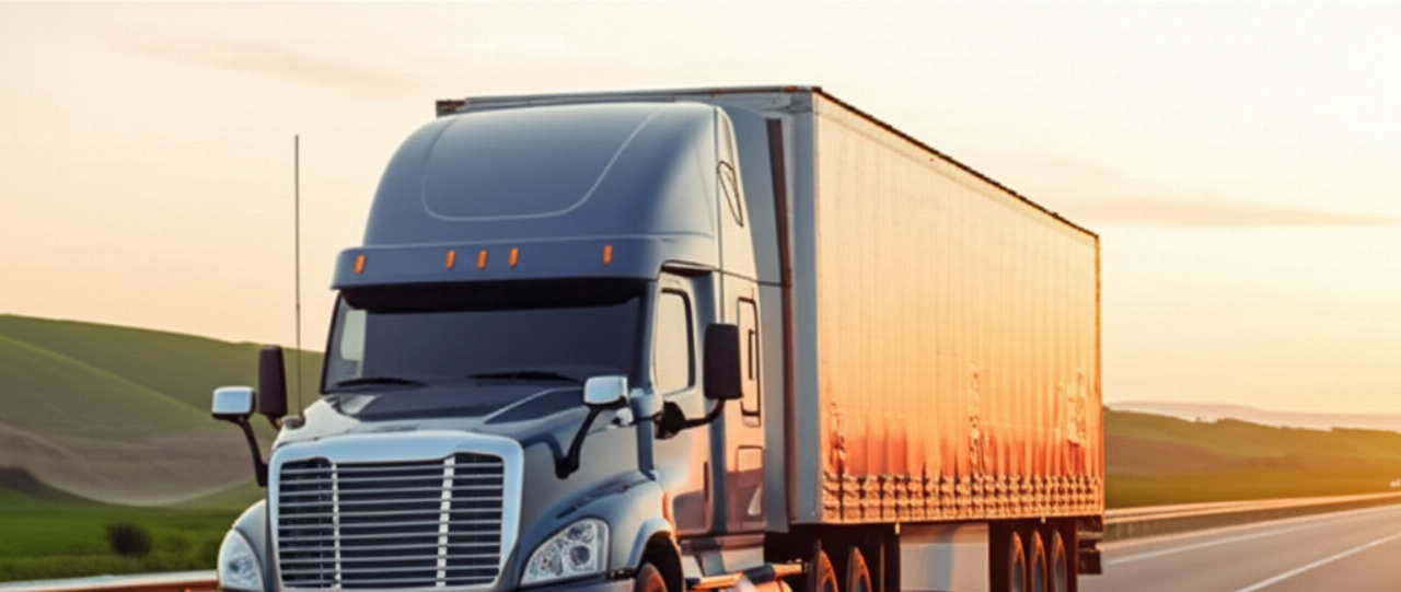 Un grand camion de déménagement sur une autoroute panoramique au coucher du soleil, symbolisant un déménagement national longue distance et de nouveaux départs.