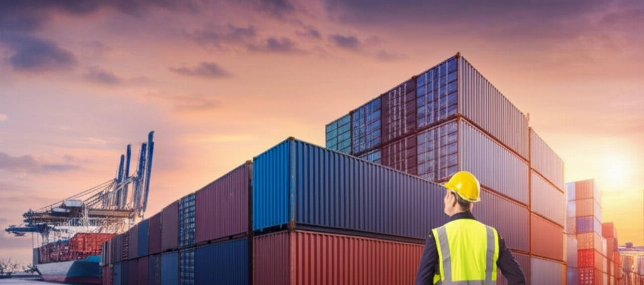 Une vue aérienne hyperréaliste d'un port international à l'aube, avec des piles de conteneurs colorés et un cargo, symbolisant la logistique mondiale des déménagements.