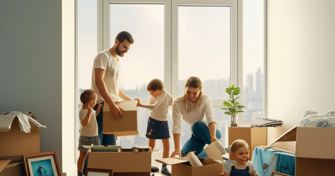 Une famille caucasienne déballe joyeusement ses affaires dans un nouvel appartement lumineux, avec un horizon urbain étranger visible depuis la fenêtre, symbolisant un déménagement international réussi et un nouveau départ.