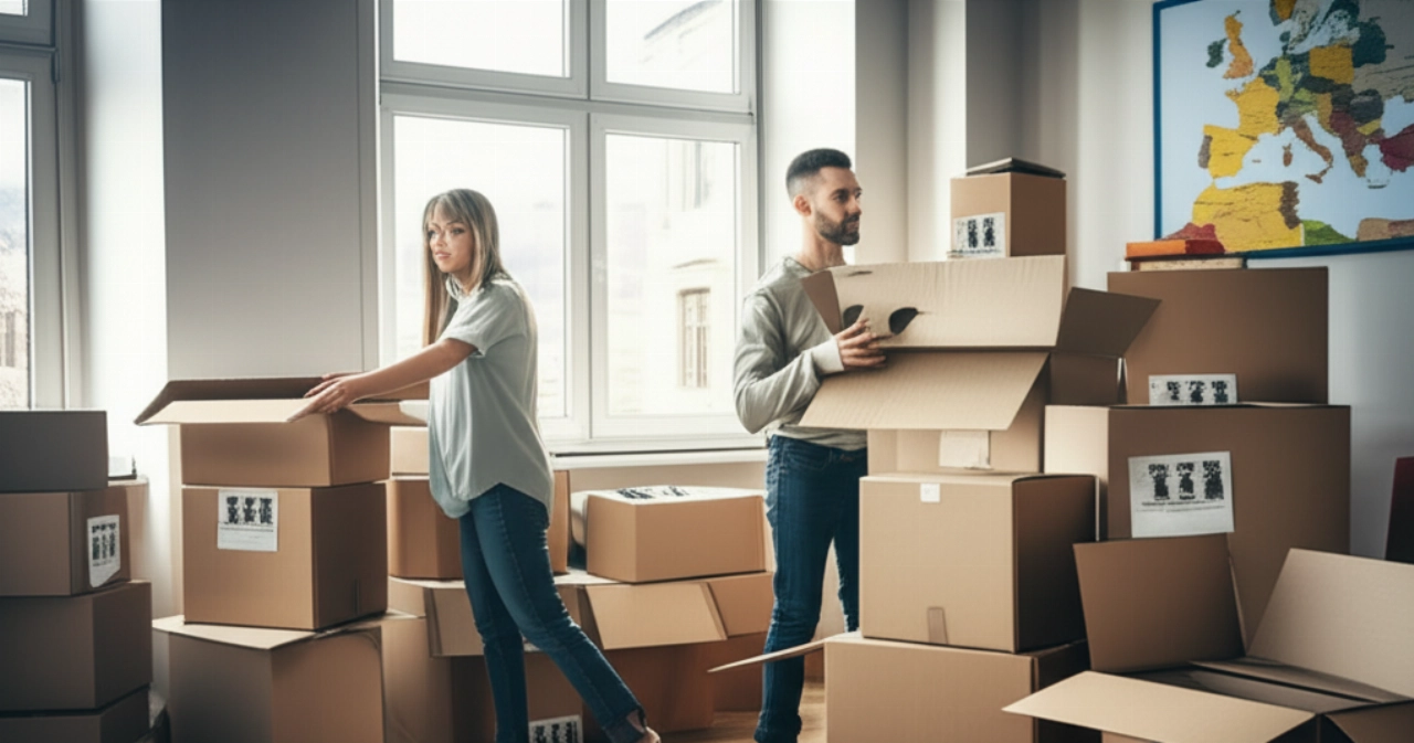 Un couple caucasien emballe soigneusement des cartons de déménagement dans un appartement européen lumineux, avec une carte de l'Europe en arrière-plan, symbolisant l'organisation d'un déménagement international.