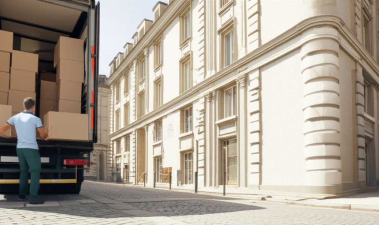 Des déménageurs caucasiens déchargent des cartons d'un camion dans une rue européenne avec des bâtiments classiques, symbolisant une arrivée efficace dans une nouvelle maison.