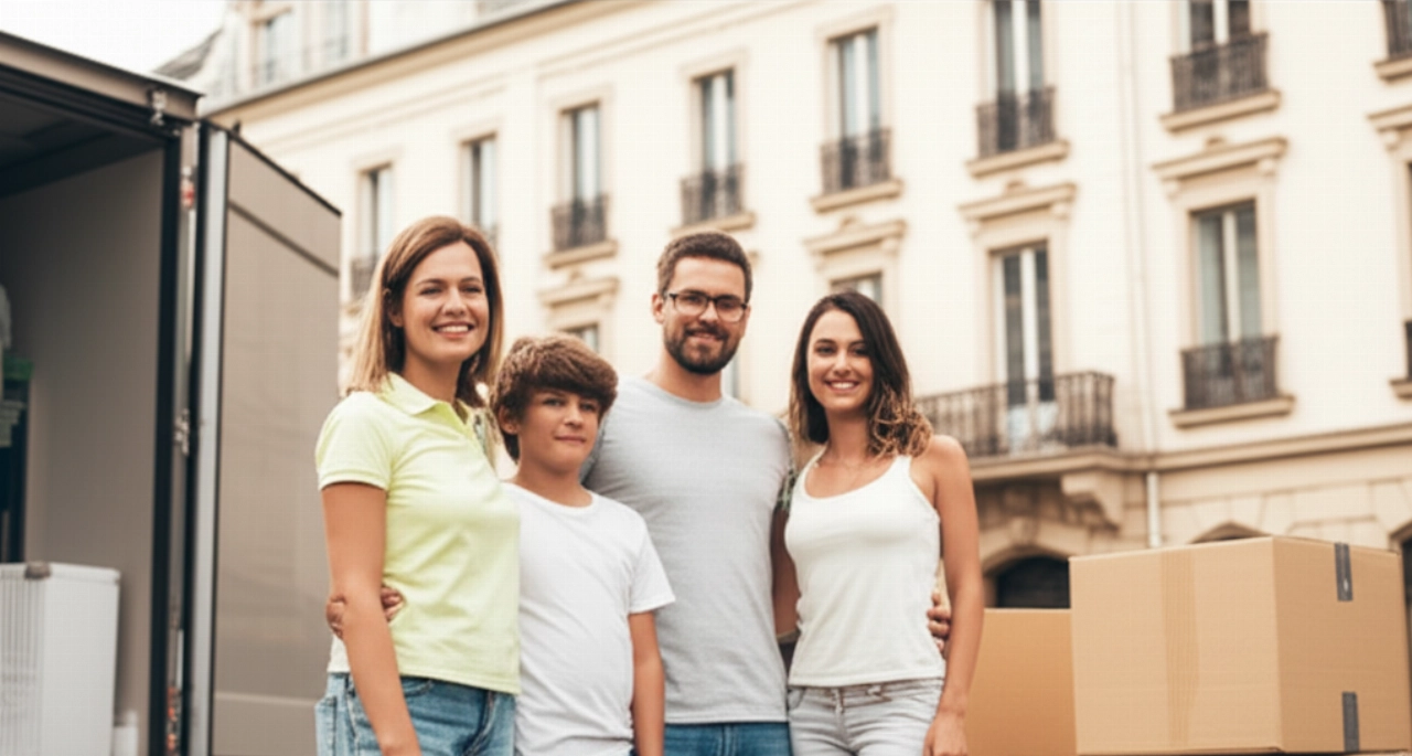 Une famille caucasienne heureuse sourit devant sa nouvelle maison européenne avec des cartons et un camion de déménagement en arrière-plan, symbolisant un nouveau départ serein.
