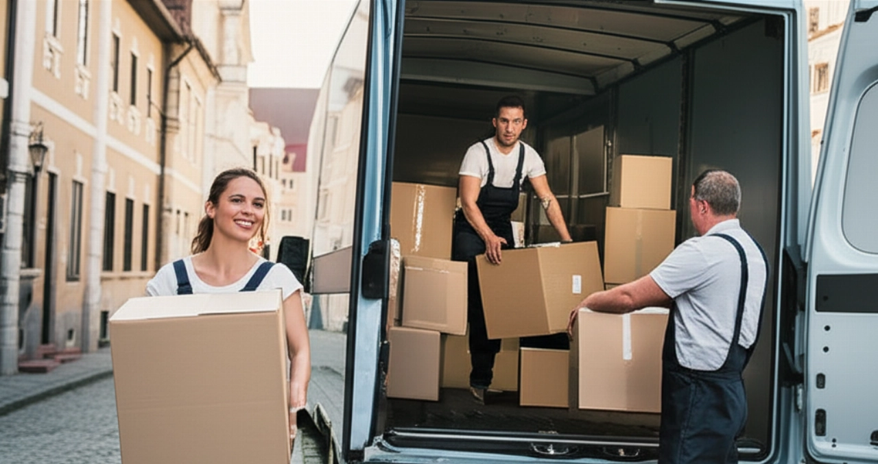 Deux déménageurs caucasiens professionnels chargent soigneusement des cartons d'un camion moderne dans une rue historique européenne, soulignant l'efficacité et l'attention.