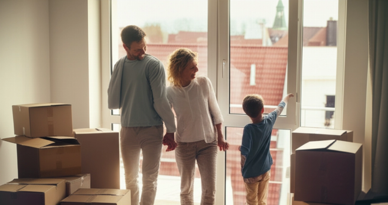 Famille caucasienne heureuse dans un nouvel appartement en Allemagne, entourée de cartons, avec vue sur la ville.