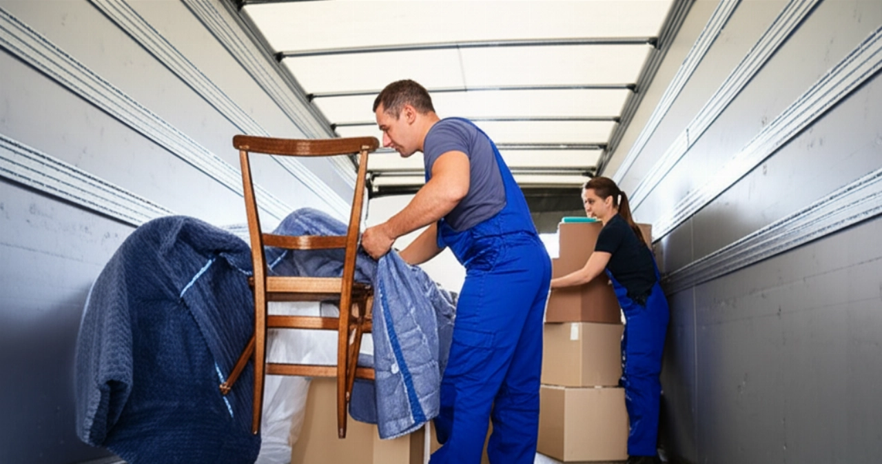 Déménageurs caucasiens professionnels emballant des meubles et étiquetant des cartons à l'intérieur d'un camion ou d'un entrepôt.