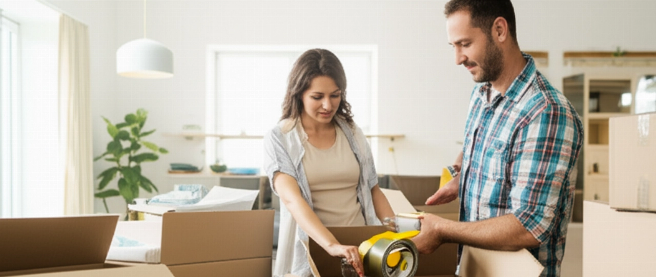 Un couple caucasien préparant et scellant soigneusement des cartons pour un déménagement international.