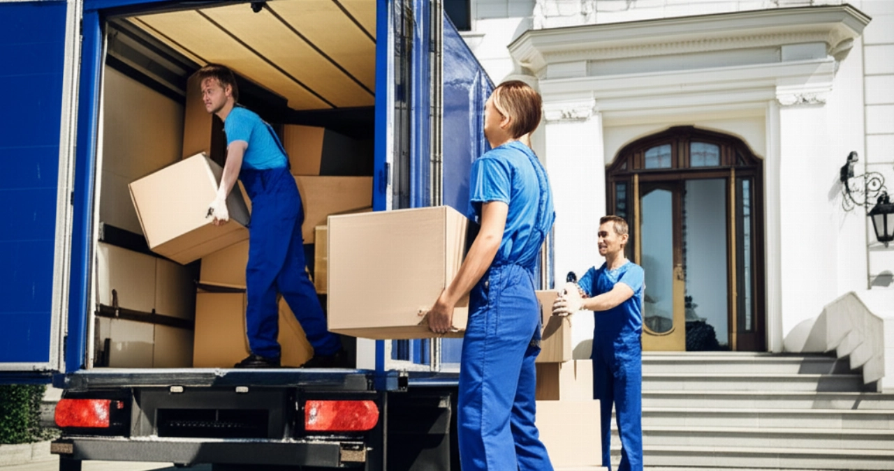 Déménageurs caucasiens professionnels déchargeant des cartons d'un camion devant un bâtiment européen.